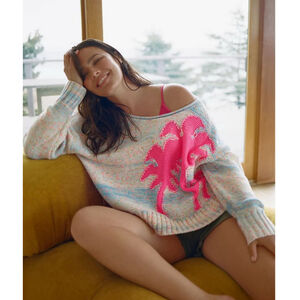 Anthropologie Palm Tree Boat Neck Sweater Multicolor Knit Women’s Small Coastal